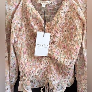 Size L-M Women Peach Floral Square neck Long-Sleeve Top